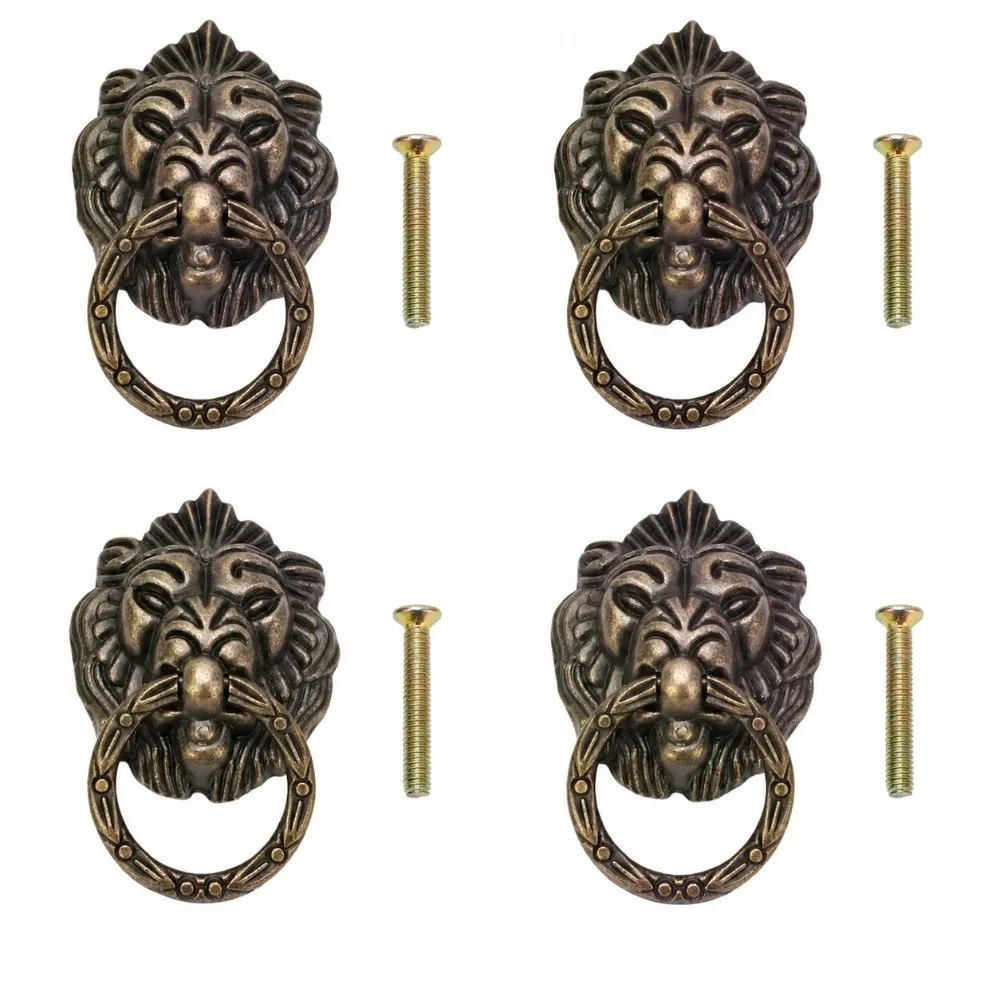 4pcs Unique Vintage Style Drawer Pulls Handles Antique Bronze Animal Head Shape Cabinet Ring Pulls Furniture Handles Wardrobe
