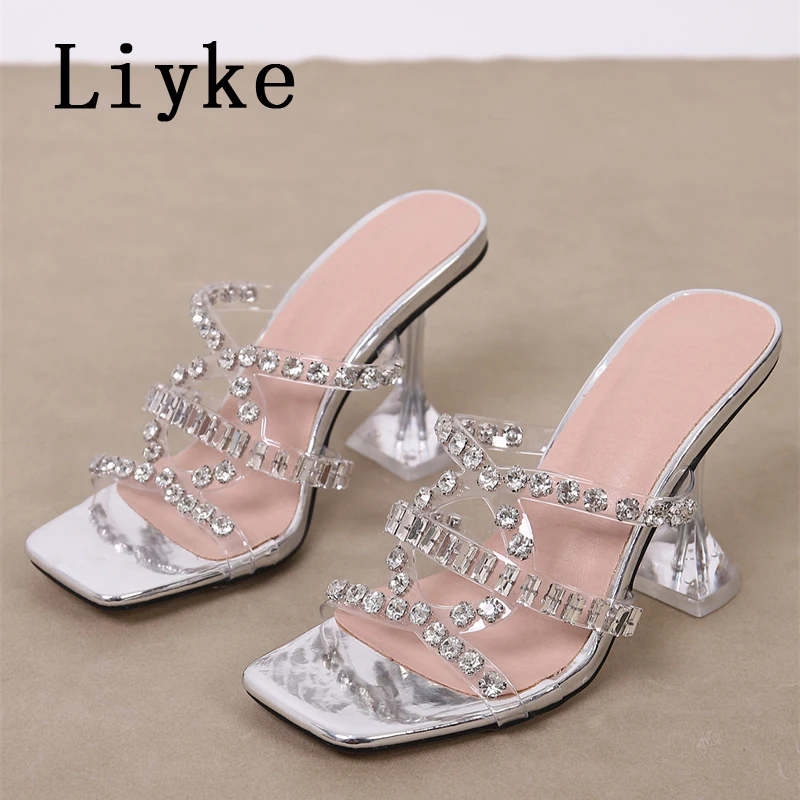 Liyke Summer PVC Transparent Slippers For Women Gold Silver Crystal Square Toe Clear High Heels Female Shoes Sandals Rozmiar 34-46