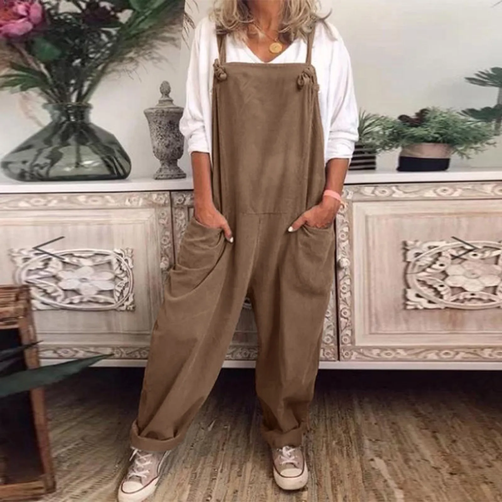 

Solid Color Women Loose Knot Tie Jumpsuit Womens Plus Size Overalls Sleeveless Pocket One Piece Wew Wide Leg Baggy Jumpsuit