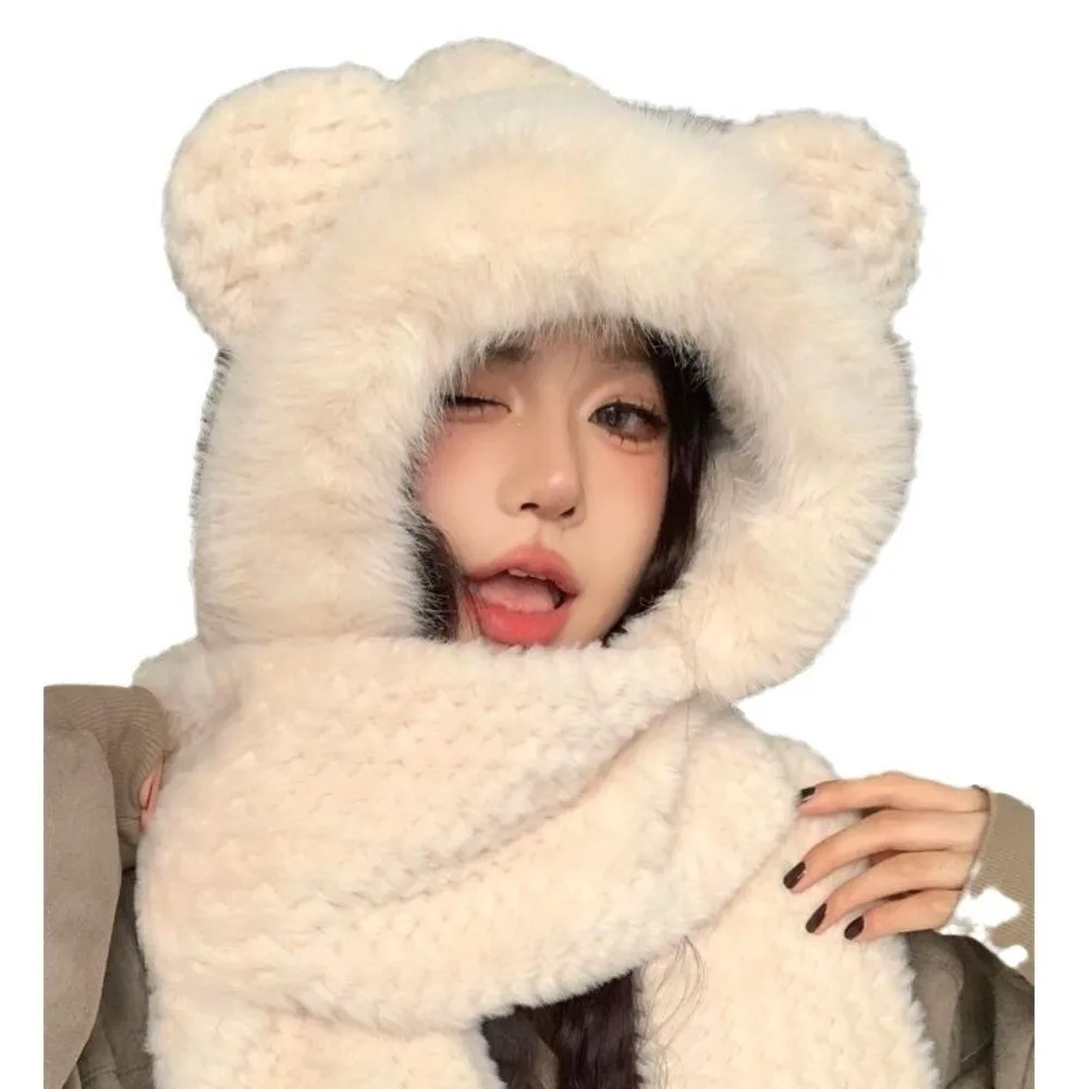 Cute Warm Hooded Scarf Hat Windproof Thickened Warm Cap Anti-Freezing Fluffy Soft 2-in-1 Hat Scarf for Winter Outdoor