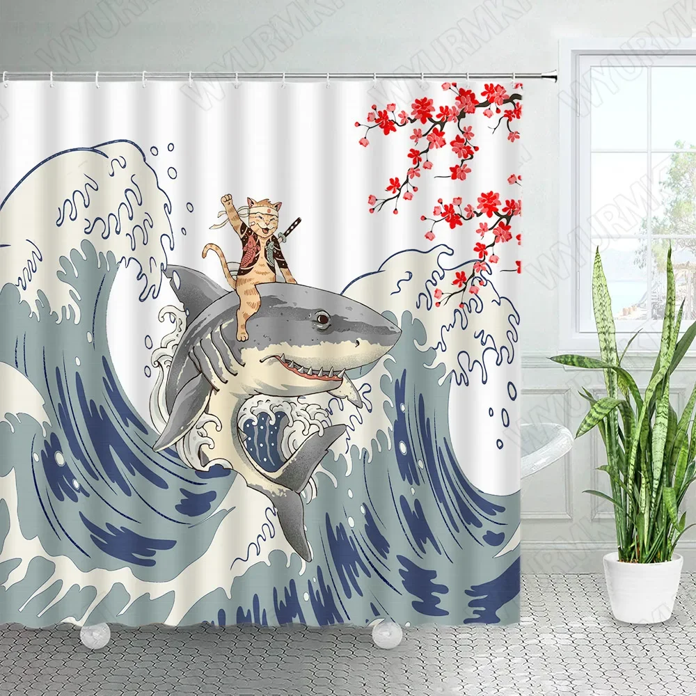 Creative Animals Shower Curtains Bathing Bear Sea Waves Sharks Cat Dinosaurs Funny Design Fabric Bathroom Decor Bath Curtain Set