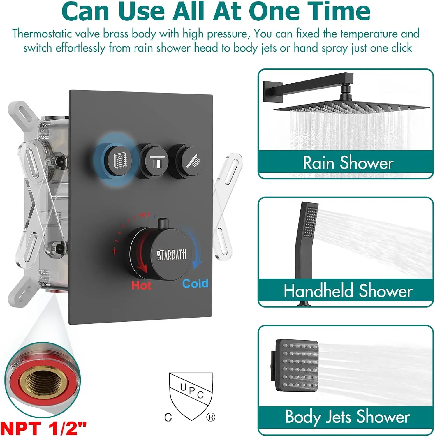 Shower Faucets Sets Complete Matte Black Shower System With Body Spray Jets,Push Button Shower Faucet With Handheld,12 Inch