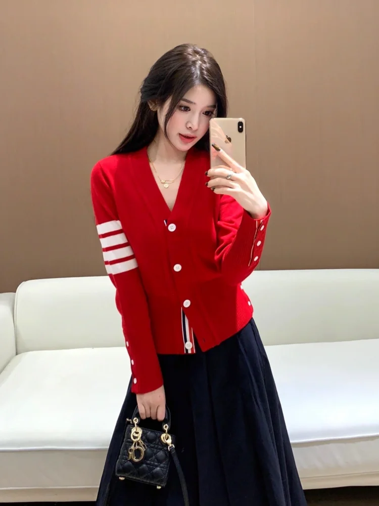 

Lightweight Woolen V-Ne Knitted Cardigan for Women Red Spring Summer College Sle THOM BIRUCRO Briti Sle Commute
