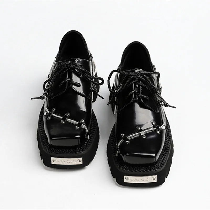 Luxury Metal Chain Decoration Chunky Heel Shoes Women High Quality Patent Leather Black Lace Up Loafers Punk Style Autumn Shoes view 3