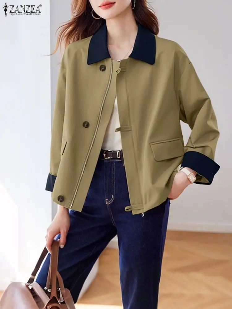 

2025 стильные женские куртки ZANZEA, осенние пальто, женская верхняя одежда на молнии, куртки с длинными рукавами и лацканами, повседневные рабочие пальто Pactwork OL