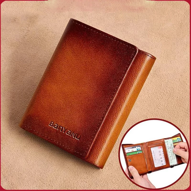 Genuine Cowhide Trifold Wallet for Men, Vintage Short Style Large Capacity Multi Card Holders Leather Purse