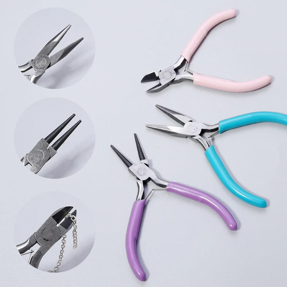 Portable 3 Color Metal Pliers Tool Set Jewelry Making Round Nose Plier Tweezers Kit for Handcrafts Beading Sewing DIY Supplies