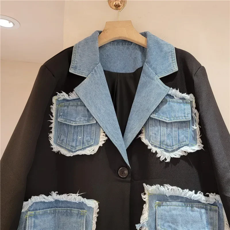 Spring Casual Frayed Burrs Cowboy Pocket Stitching Suit Jacket Women Loose Denim Notched Collar Long Sleeve Female Blazers Coat