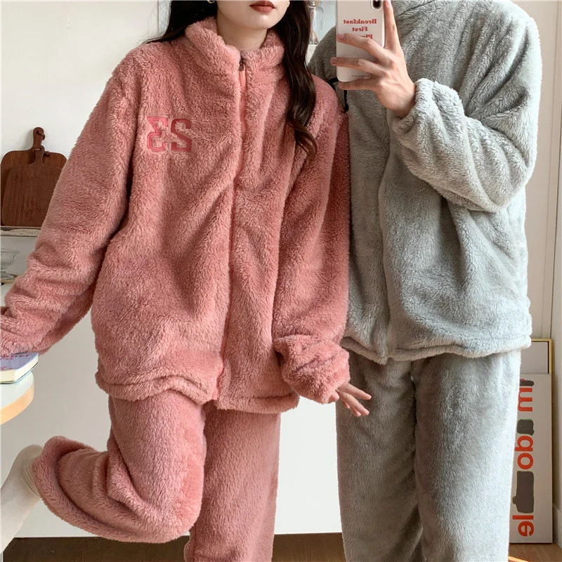 Autumn Winter Couples Flannel Thickened Warm Pajamas Women\'s Long-sleeved Zipper Plush Suit Men\'s Home Wear