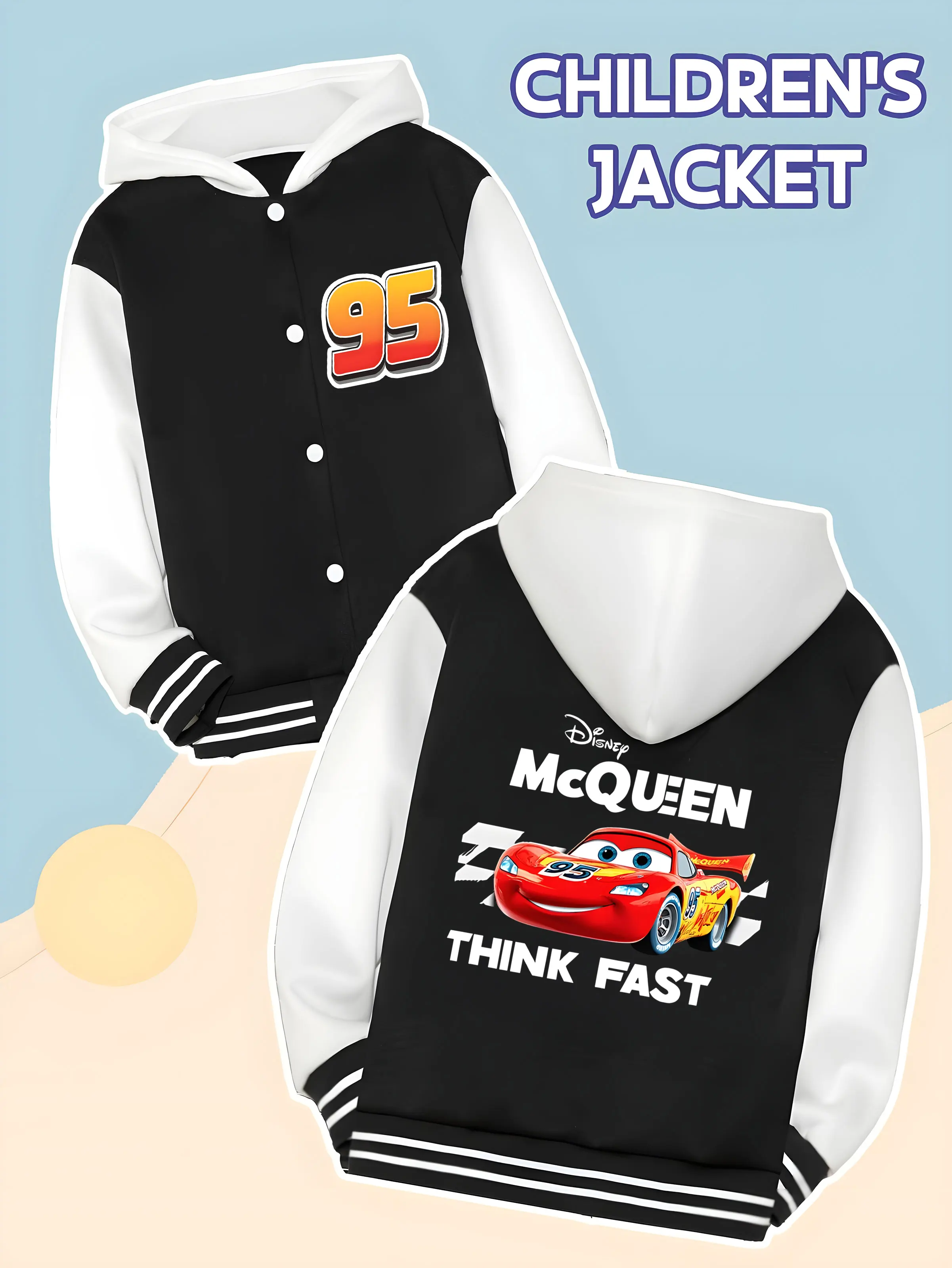

MINISO Disney Cars McQueen "Thinking Fast" Baseball Jacket for Boys - "THINK FAST" slogan, with McQueen racing car, awesome