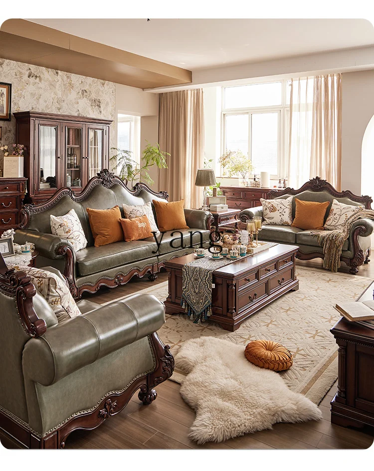 

LTT American neoclassical solid wood leather sofa top layer cowhide living room villa furniture