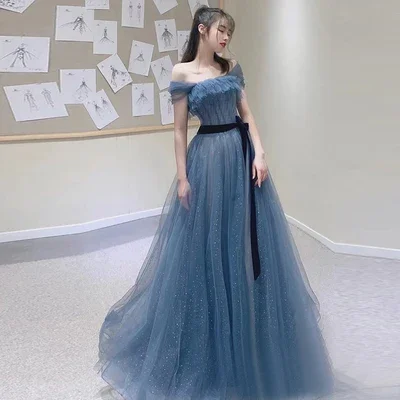 

New Greydish Blue Long Sweat Lady Girl Women Princess Bridesmaid Banquet Party Prom Dress Gown Formal Dress Women Elegant