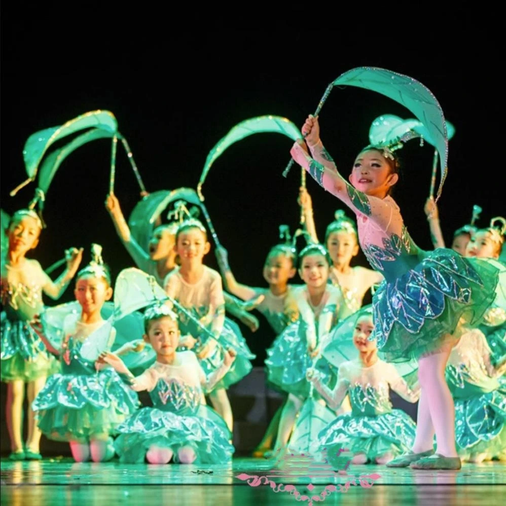 Kids Green Leaves Ballroom Clothing Sequined Modern Dance Tutu Dress Girls Jazz Dance Costume Stage Wear Princess Dresses