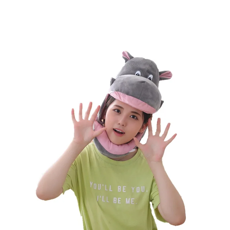 Hippo Hat Adjustable Soft Plush Animal Headgear Winter Plush Animal Hat Funny Hippo Headwear for Party Costume Photo Props