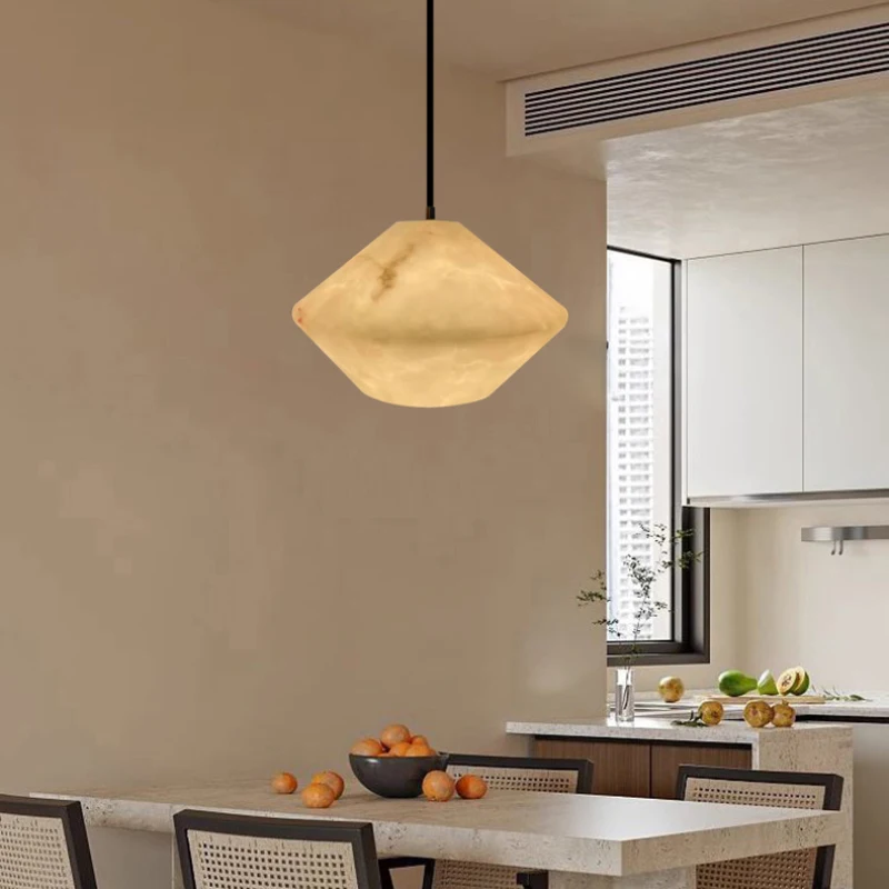 Elegant Modern Minimalist Natural Marble Diamond Shaped Pendant Light with Black Wire Cord for Dining Living Room Decor