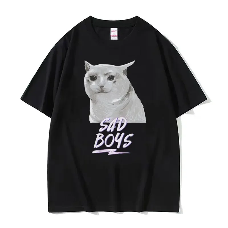 Crying Cat Sad Boys Funny Dank Meme T-shirts Aesthetic Vaporwave Cat Cute Tee Shirt Men's Women Fashion Cotton Oversized T Shirt