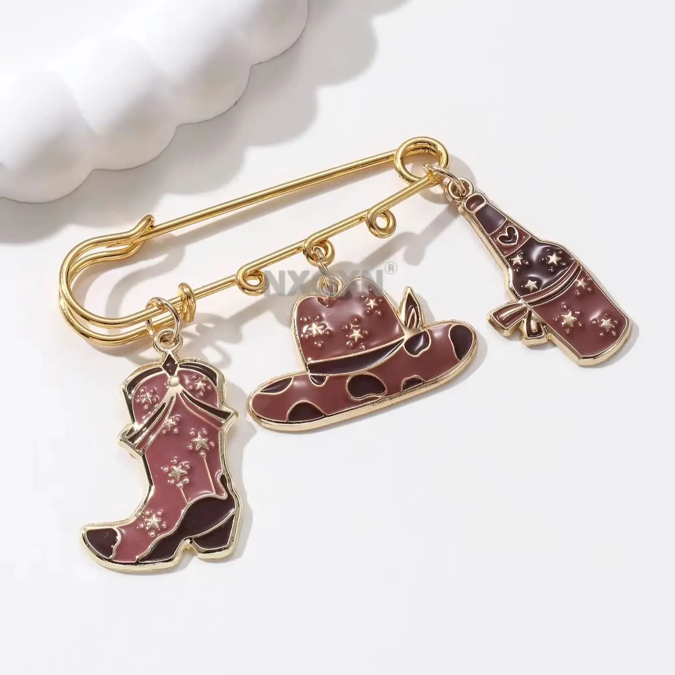 Western Cowgirl Enamel Safety Pin Brooch Cowboy Hat Cowboy Boot Wine Bottle Pendant Pins Clothes Bag Ornament view 3