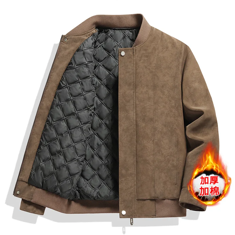 Autumn Winter Thickened Locomotive Jacket Teen Men's Suede PU Jacket Casual Stand-up Collar Leather Jacket Windproof and Warm