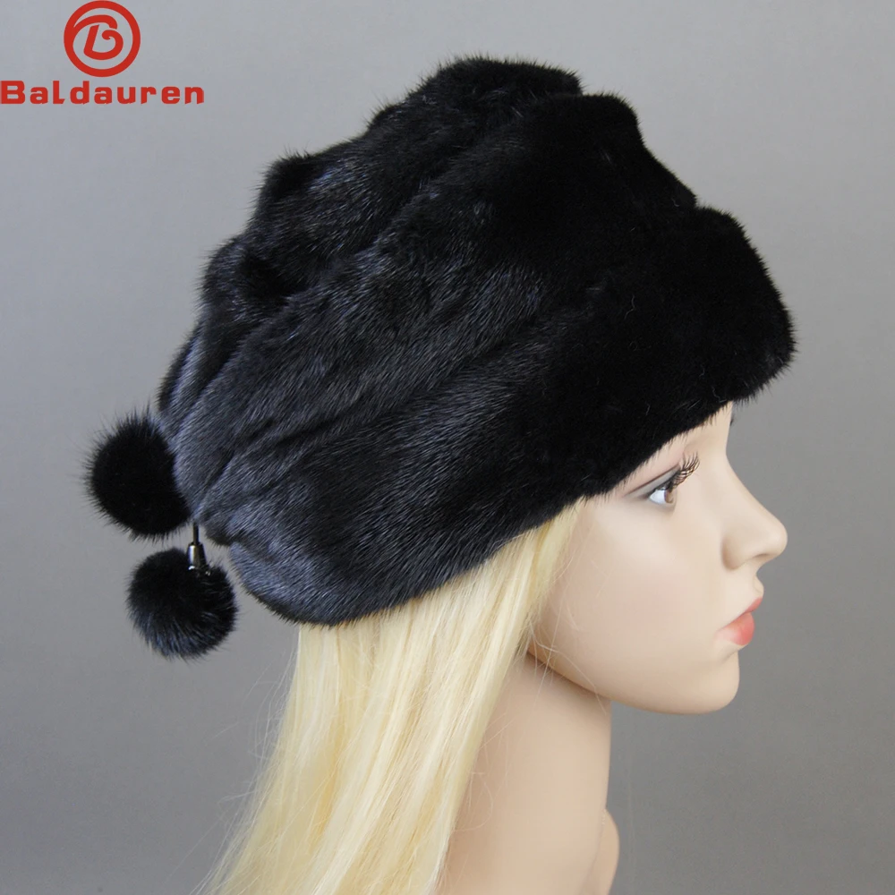 

Mink Fur Hats Women Stylish Warm Natural Whole Mink Fur Luxury Winter Caps anti cold Snow Hat with balls head 55-62cm