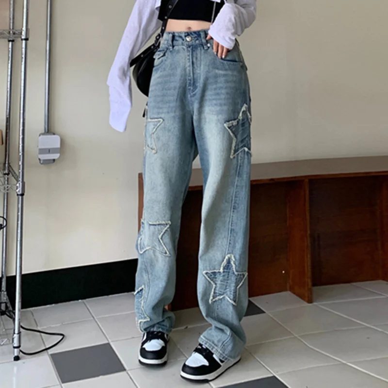 

Star Patch Embroidered Straight Tube Jeans For Women New Vintage High Waisted Loose Drape Floor Mop Denim Pants