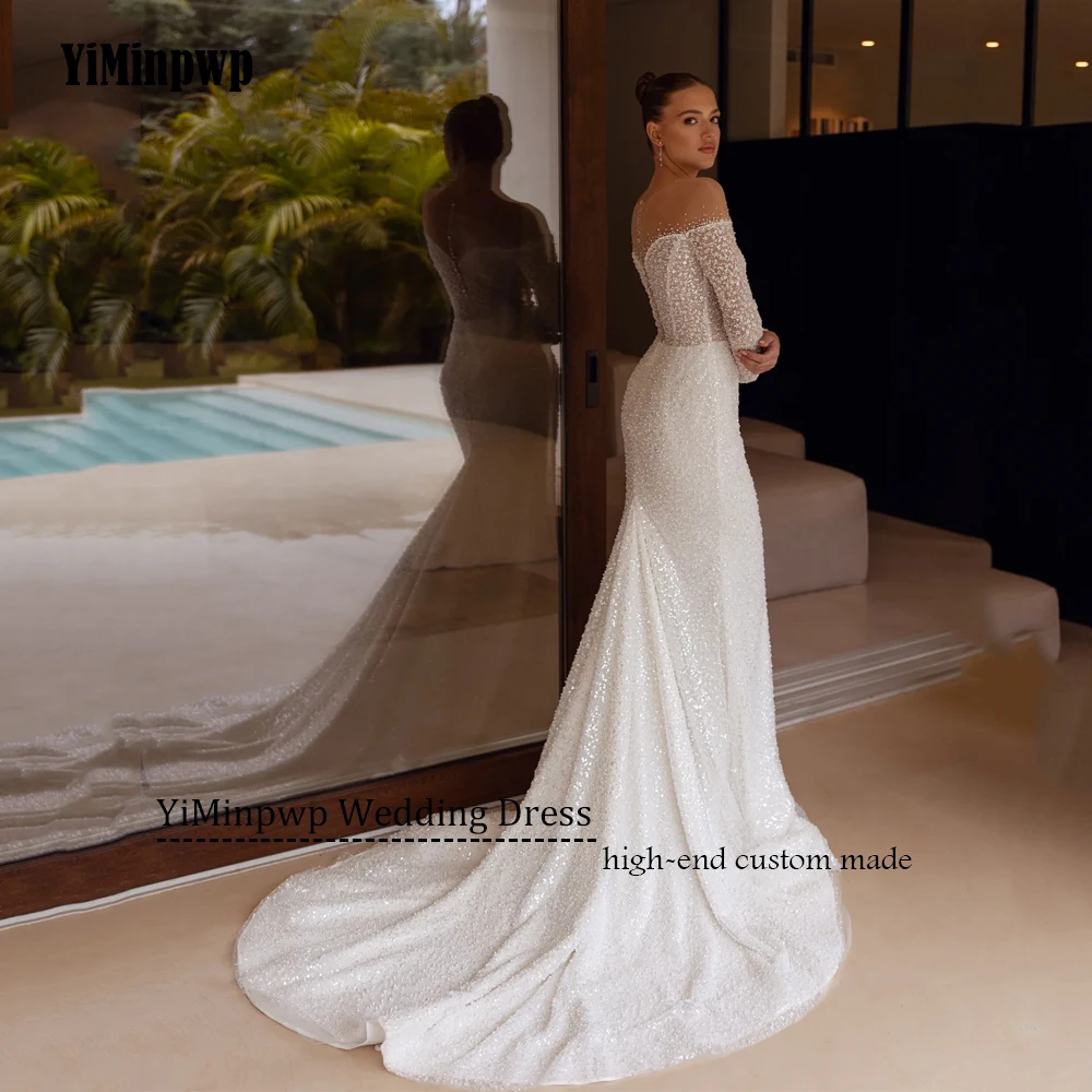 Glitter Wedding Dresses Full Sleeves Detachable Train Beaded Mermaid Glitter Bridal Gowns Shiny O-Neck Bride Dress Customized