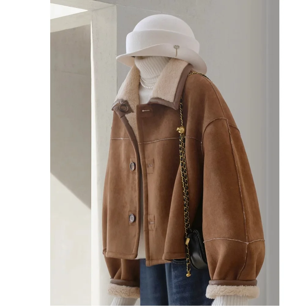 2026 New Coffee Leather Velvet Coat on Both Sides Women's Winter Senior Lamb Wool Top