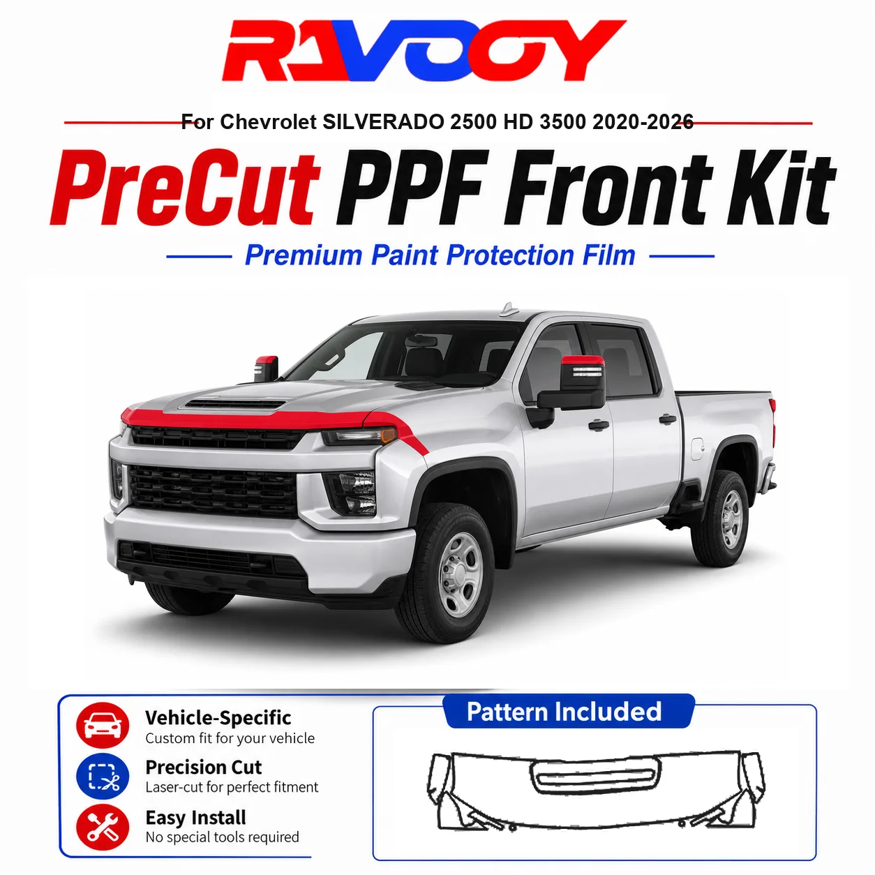 

8.5mil TPU Precut PPF Kit For Chevrolet SILVERADO 2500 HD 3500 2020-2026 - Hood, Fenders & Mirrors - Self-Healing Clear Bra