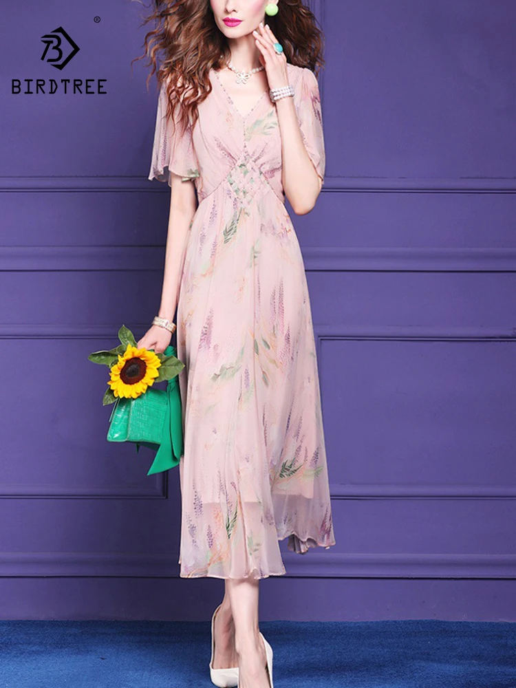 BirdTree, 100%Real Silk Elegant Dress, Women Flying Sleeve Bead Floral, Beach Vacation Party Dresses, 2024 Summer Fall D47579QC