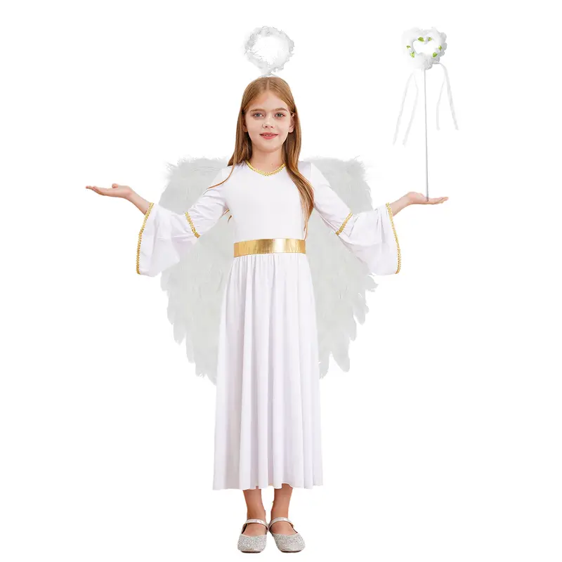 White Angel Costume for Girls Greek God Robe Princess Dress+Feather Wings Cosplay Set for Halloween Party Carnival Performance - Image 9