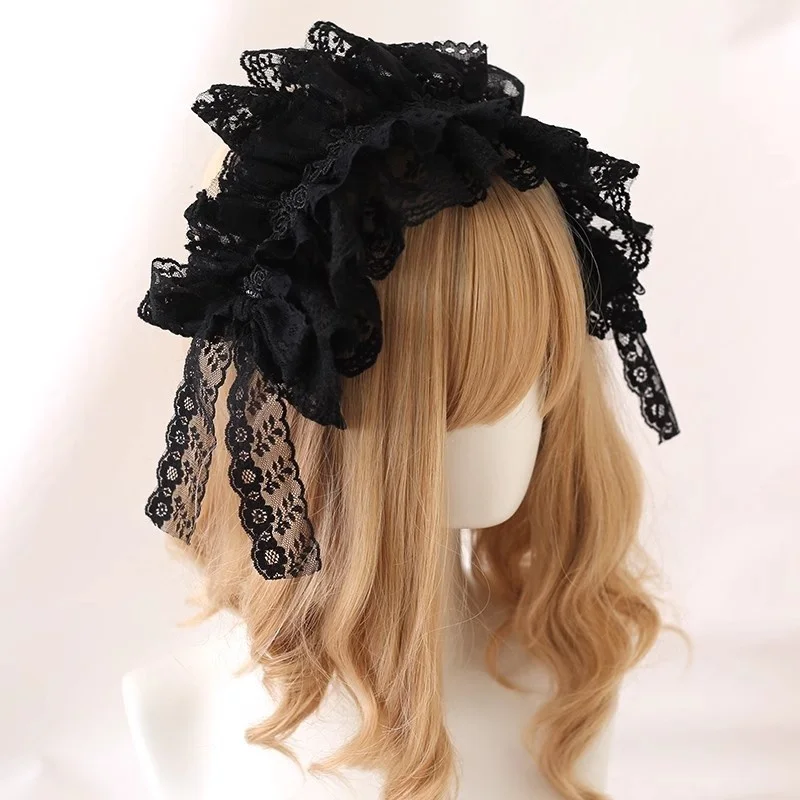 Black Lace Lolita Headpiece Doll Bow Hairband Halloween Cosplay Gothic Black Subculture Punk Handmade Multi-layer Lace Hairban