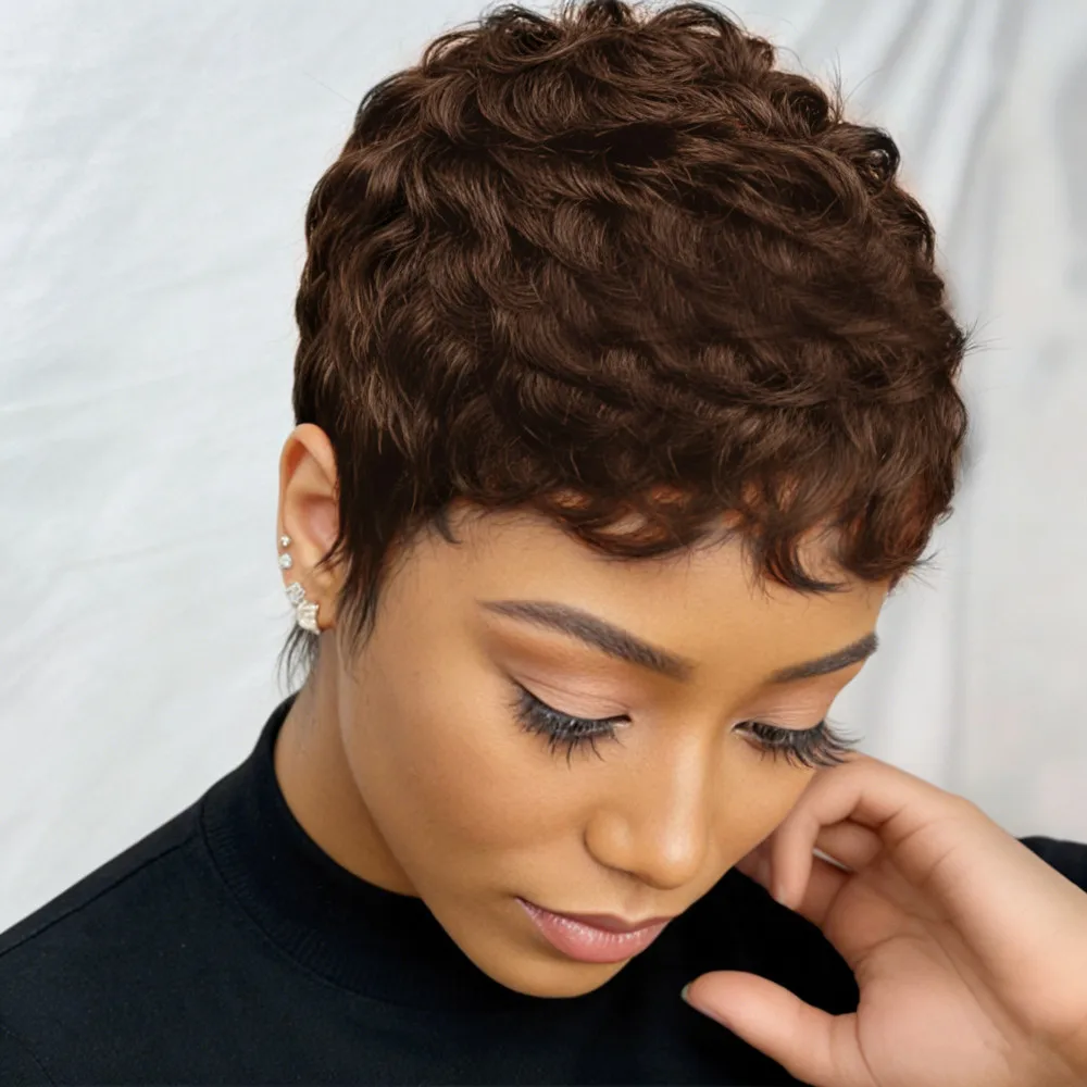 

Парик пикси для повседневного использования на вечеринке, парик с стрижкой пикси, короткий прямой коричневый, черный, бордовый цвет для женщин, многослойный парик из человеческих волос, машинное производство