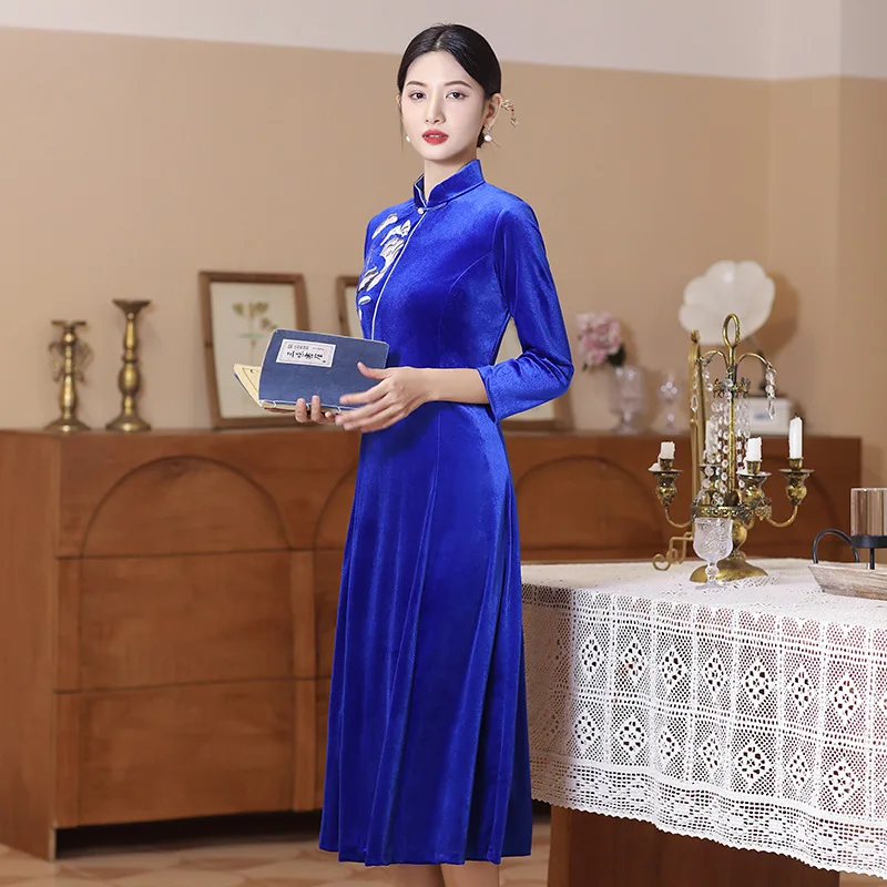 

cheongsam dress 2026 high-end good quality modern black blue premium luxury velvet riental dress for women chinese best selling