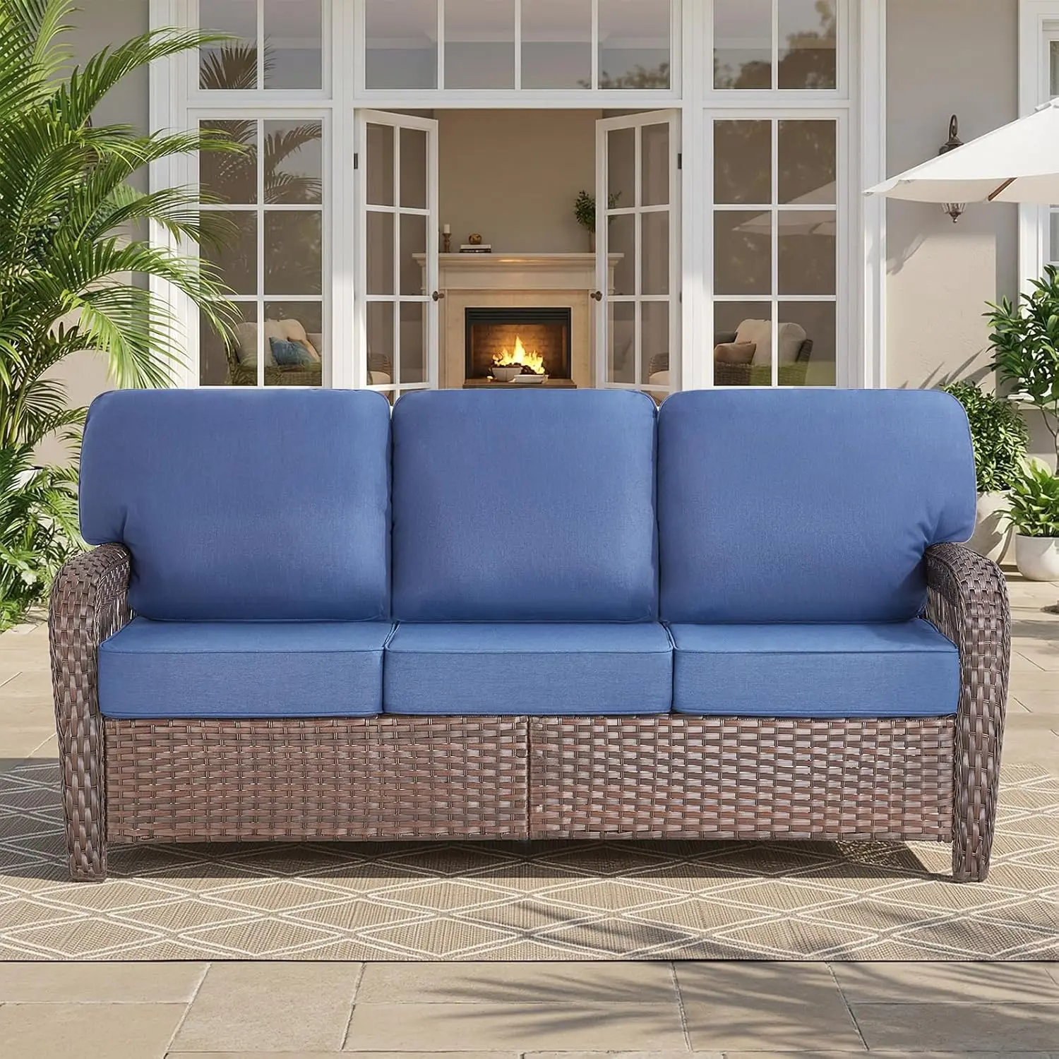

Трехместный диван из всепогодного ротанга с высокой спинкой, устойчивыми к УФ-излучению подушками, для террасы, веранды, сада, 75 дюймов, синий, на заказ