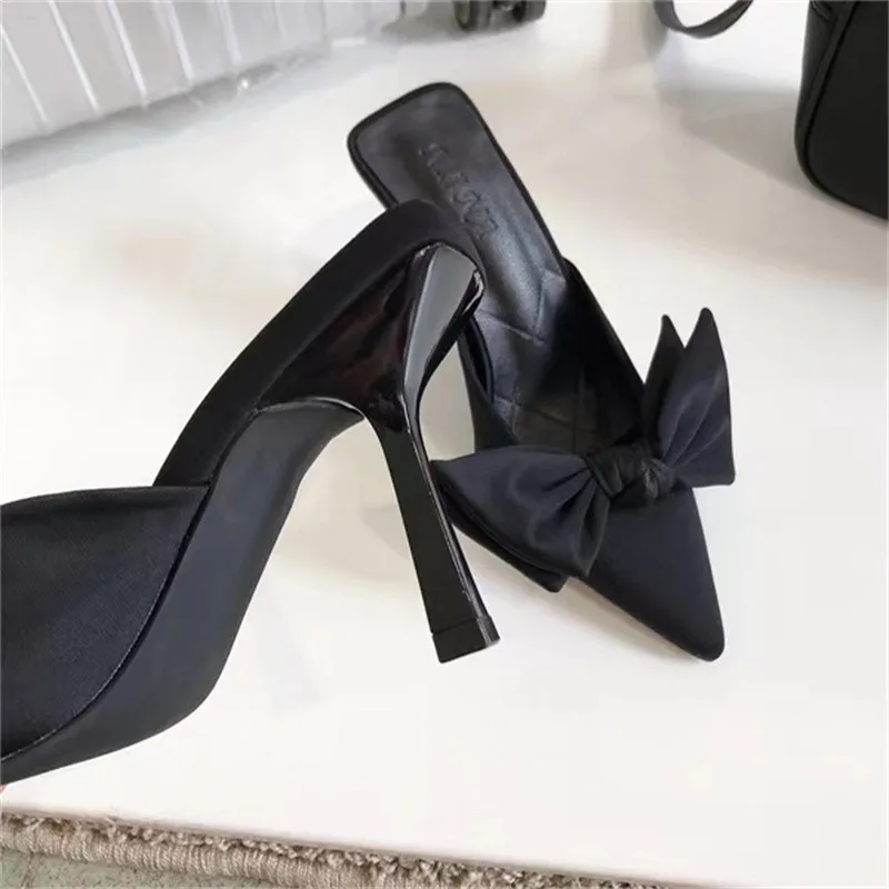 New Style Butterfly-knot Mules Women Slippers Elegant Pointed Toe Thin High Heels Ladies Summer Fashion Party Prom Shoe