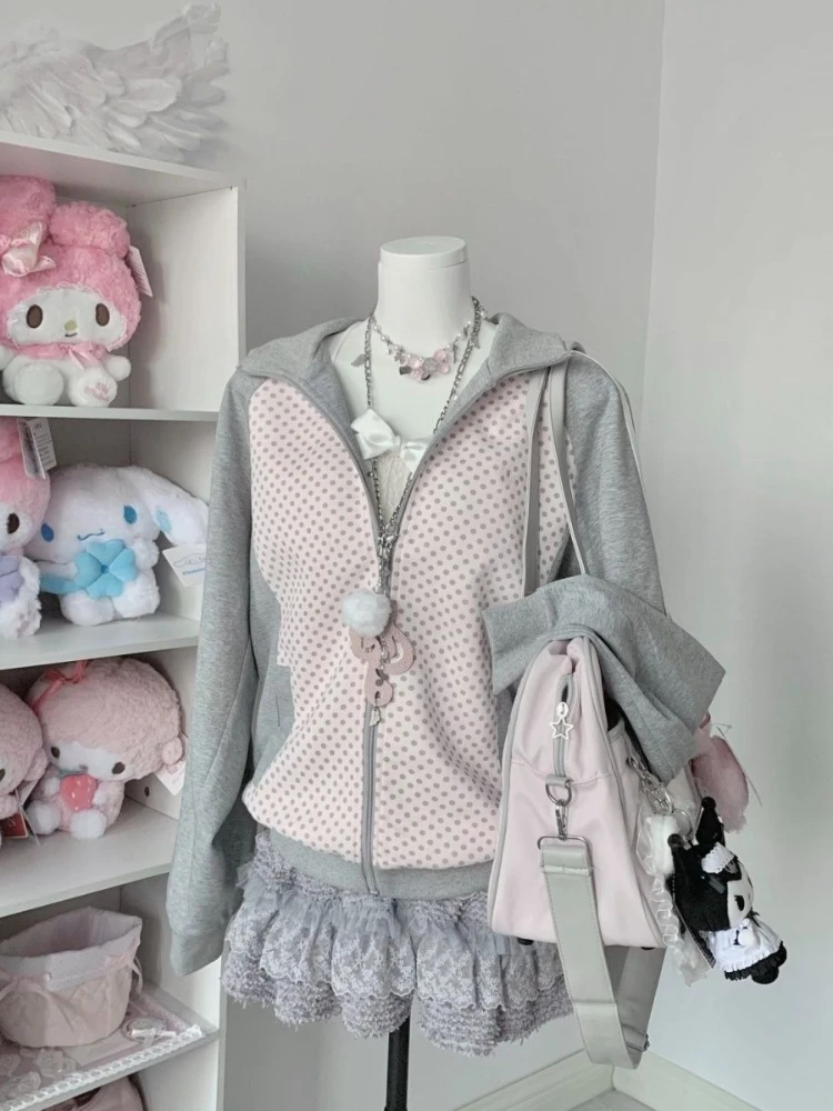 

HOUZHOU Y2k Gray Vintage Polka Dot Women Zipper Hoodies Preppy Striped Long Sleeve Japanese Style Sweatshirts Baggy Cute Casual