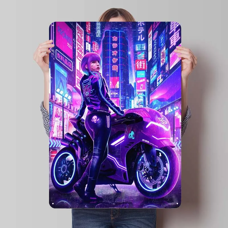 

Cyberpunk Biker Anime Girl Tinplate Sign Poster Coffee Corner Decoration Metal Sign Plaque for Wall Art Decoration Art of Murals