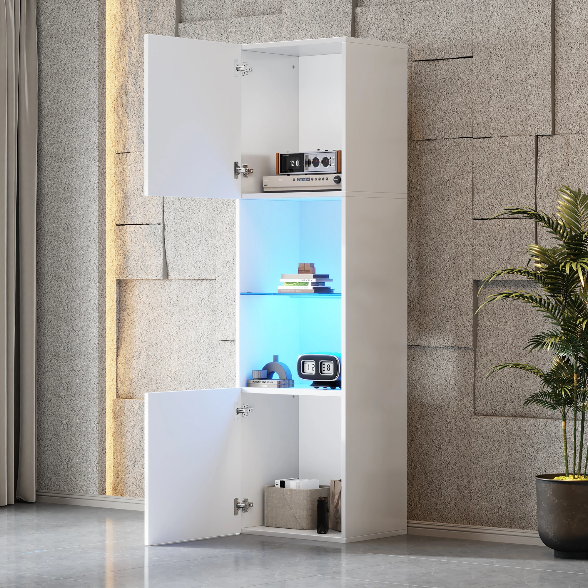 Vitrine avec 2 portes, 1 étagère en verre et LED, laquée brillante, en panneau de particules, 45 × 35 × 160 cm, blanc