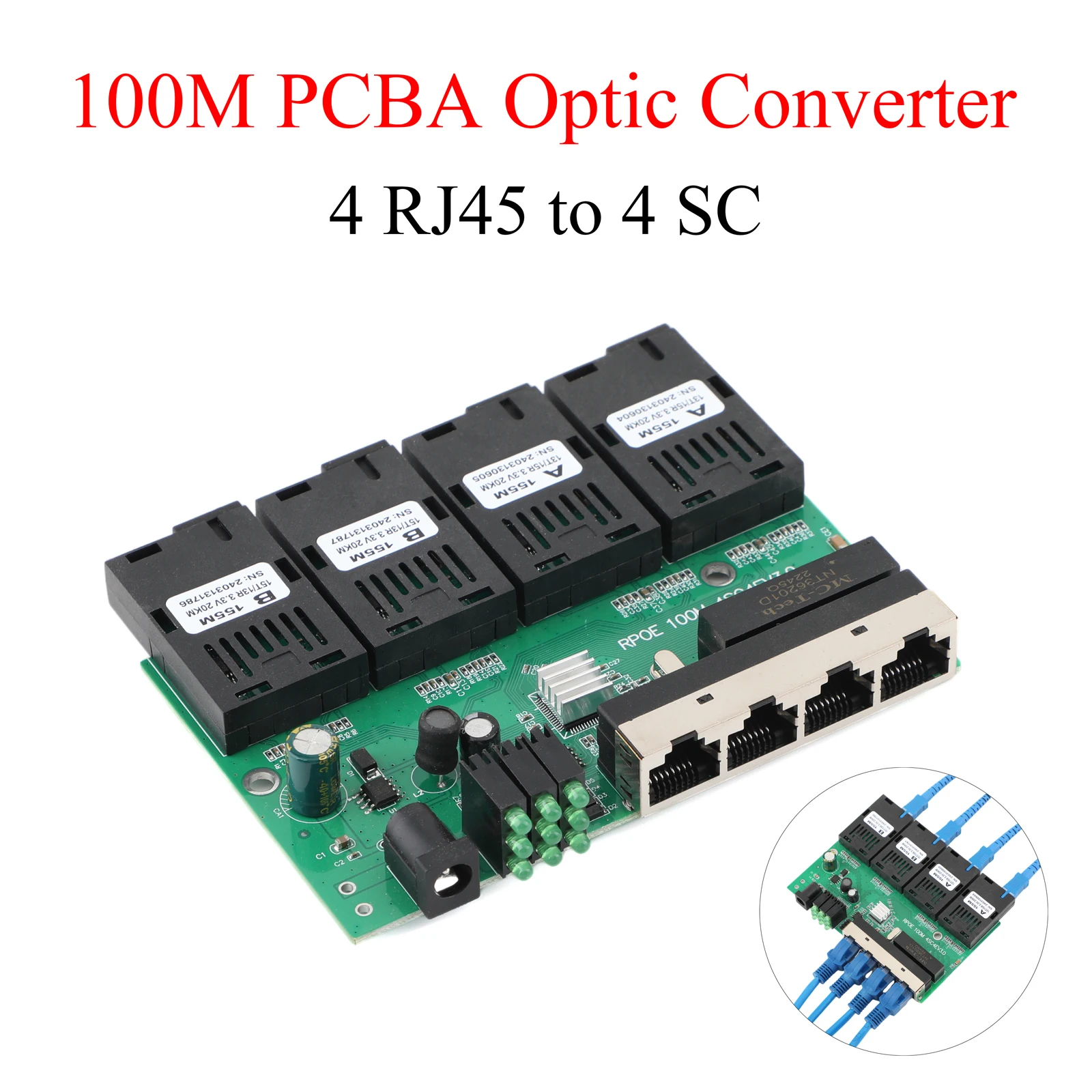 10M/100M PCBA Board Optic Media Converter 4RJ45 to 4SC 2A+2B Fiber Optic Connector 1310nm/1550nm Ports 20KM Ethernet POE Switch