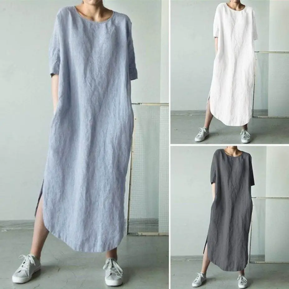Women Casual Maxi Home Dress Short Sleeve O‑Neck Loose Side Slit With Pockets Summer Daily Lounge Long Dress
