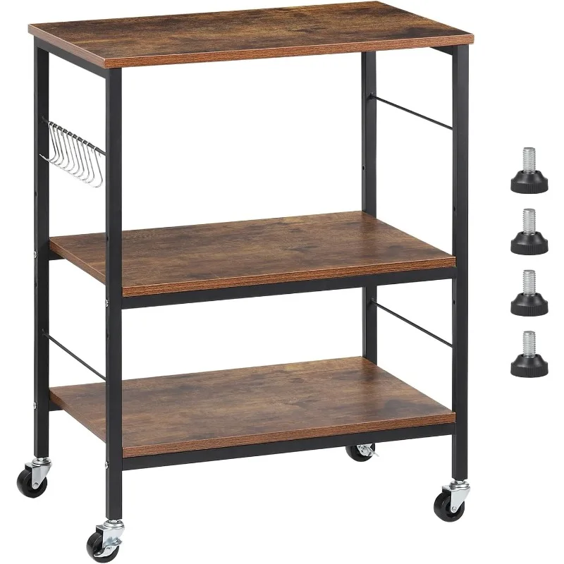 

Kitchen Microwave Stand Rustic Small Bakers Rack 3 Tier with 10 Hooks Kitchen Cart on Wheels for Bedroom Living Room Bathroom