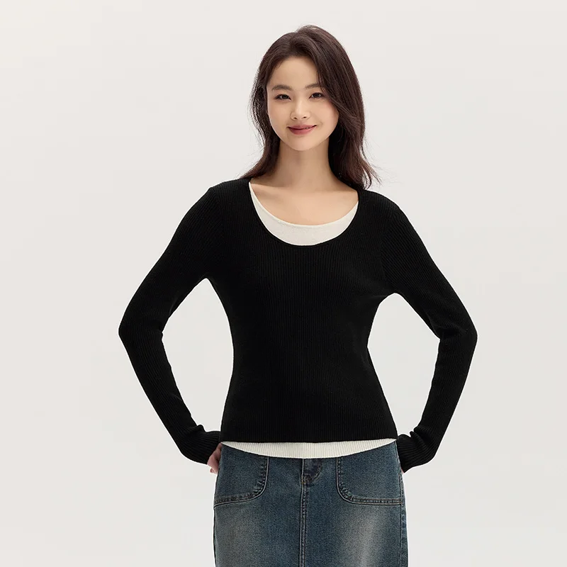 Semir Sweater Women Color-Block Faux Two-Piece Sweater Slim Fit Versatile 2024 New Autumn Round Neck Pullover Slimming Effect