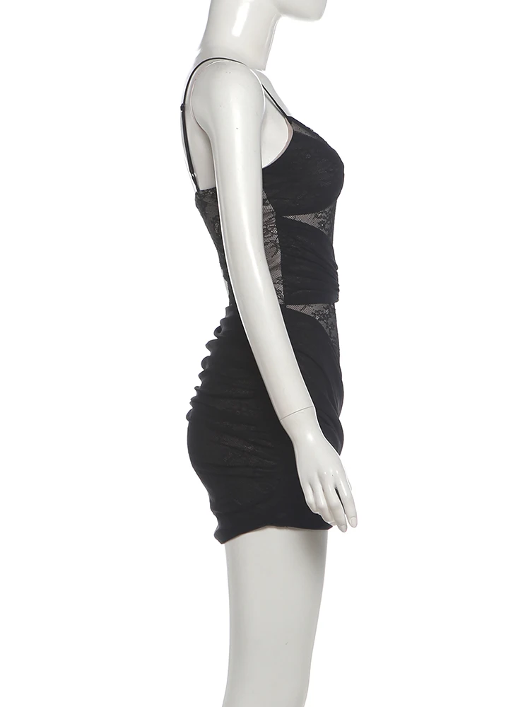 Weird Puss Hottie Partykleid Damen Sexy Jacquard Patchwork Hohlkreuz Raffung Tiefer Ausschnitt Ärmellos Mode Street Club Bodycon – Detail 4