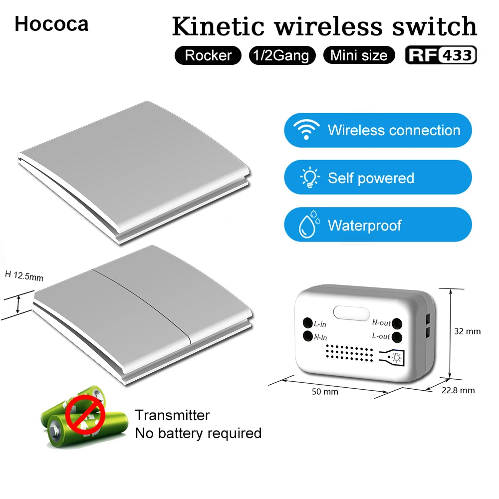 Ultra Thin Rocker Type Battery Free Self Powered Lighting Switch RF433mhz 1gang 2gang Waterproof Kinetic Wireless Switches