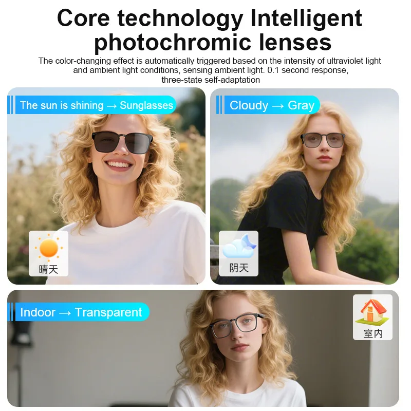 AI Translation Smart Glasses Photochromic Bluetooth Wireless Hands-Free Call Audio Multifunctional Driving Glasses Smart Wearabl
