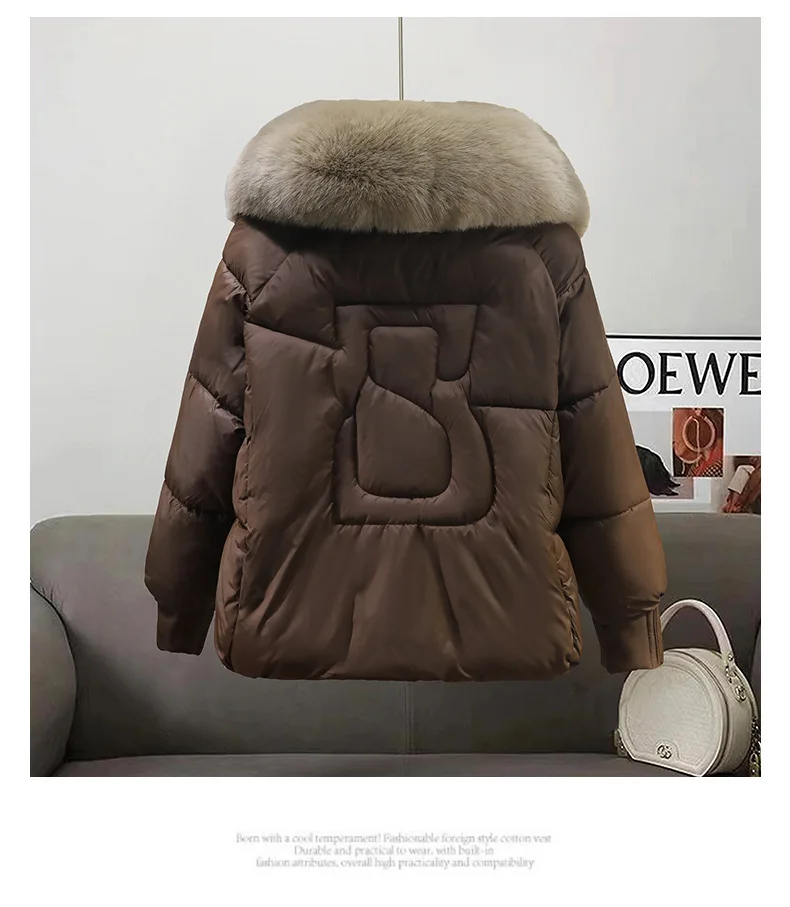 2025 الخريف الشتاء سترة منتفخ الفراء طوق سترات موهير سميكة الدافئة أسفل القطن وسادة مبطنة المرأة معطف غير رسمي الإناث