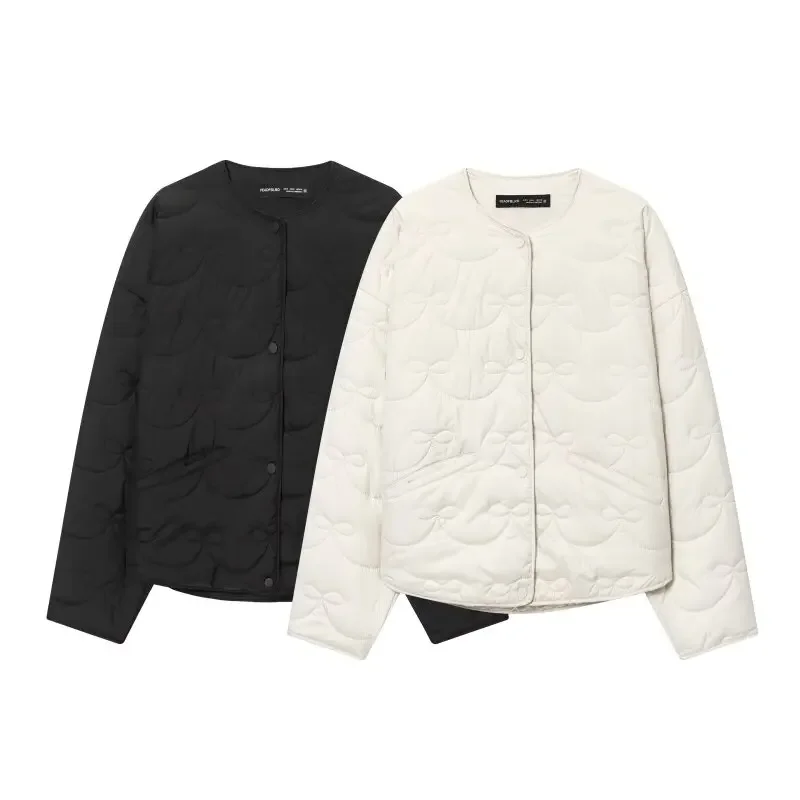 

Women Cotton-padded Jacket Bowknot Pattern Line Quilted Decoration Button Winter Warm Coat Outerwear Fashion Tops Solid Color