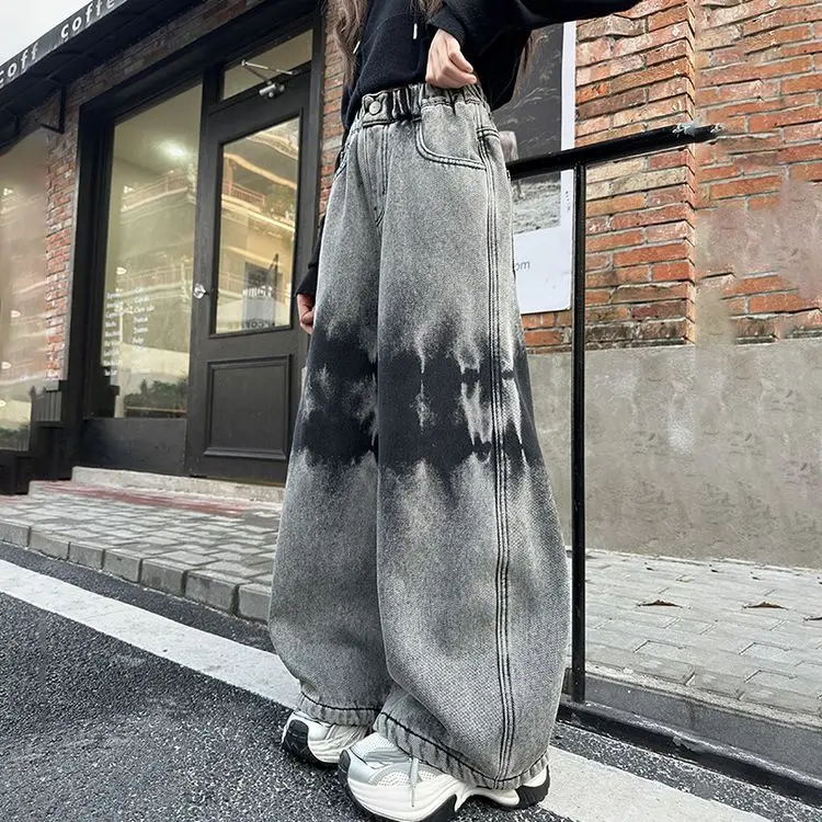 جينز بناتي، سروال جينز واسع الساق من قماش الدنيم، صبغ أمريكي عتيق، بنطال شتوي دافئ مبطن بالصوف، لعمر 7 إلى 14 سنة