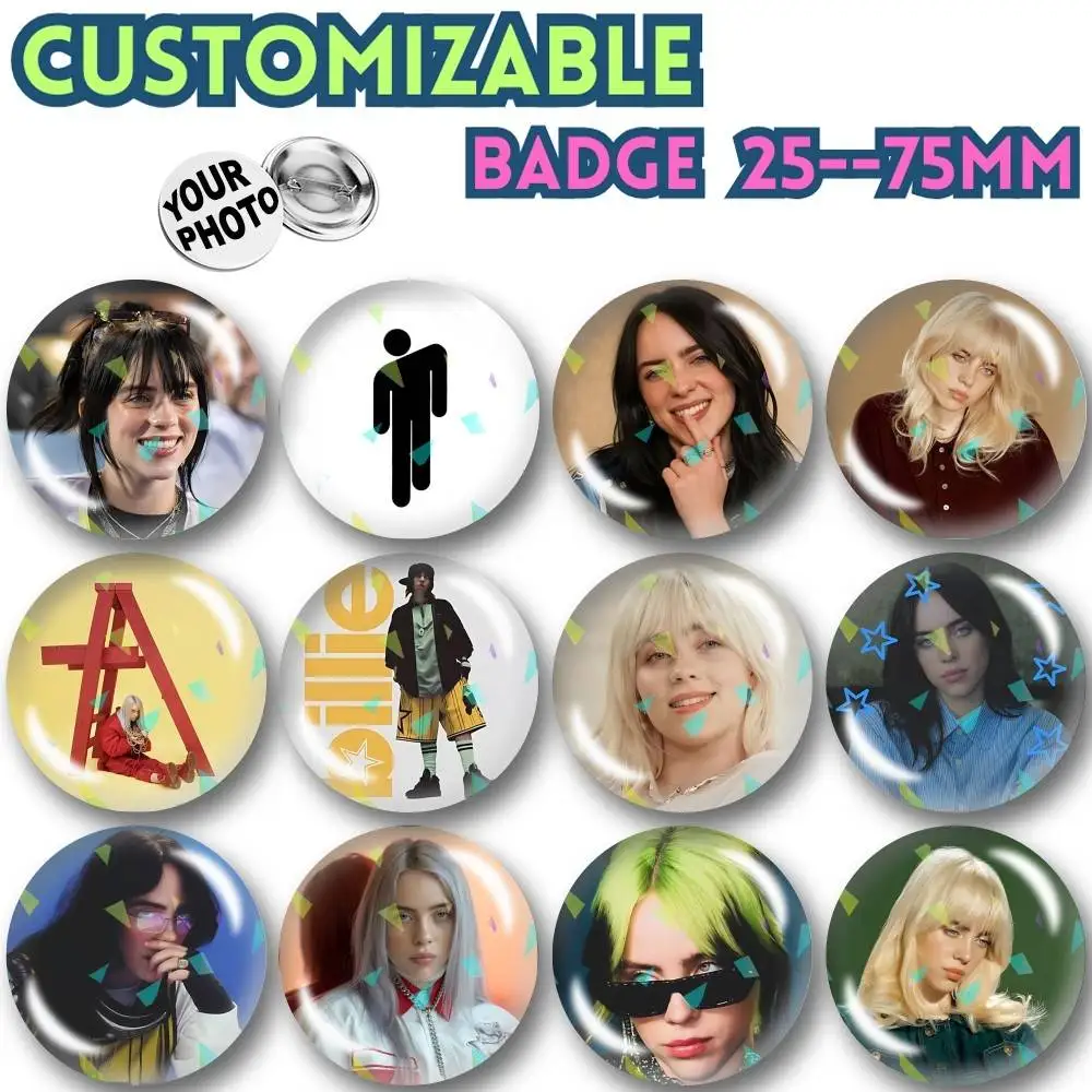 BE-Billie E-Eyelashes E-Eilish-S  Customizable Round Brooch Pins, Personalized Badges With Broken Glass Design Fashion Accessory
