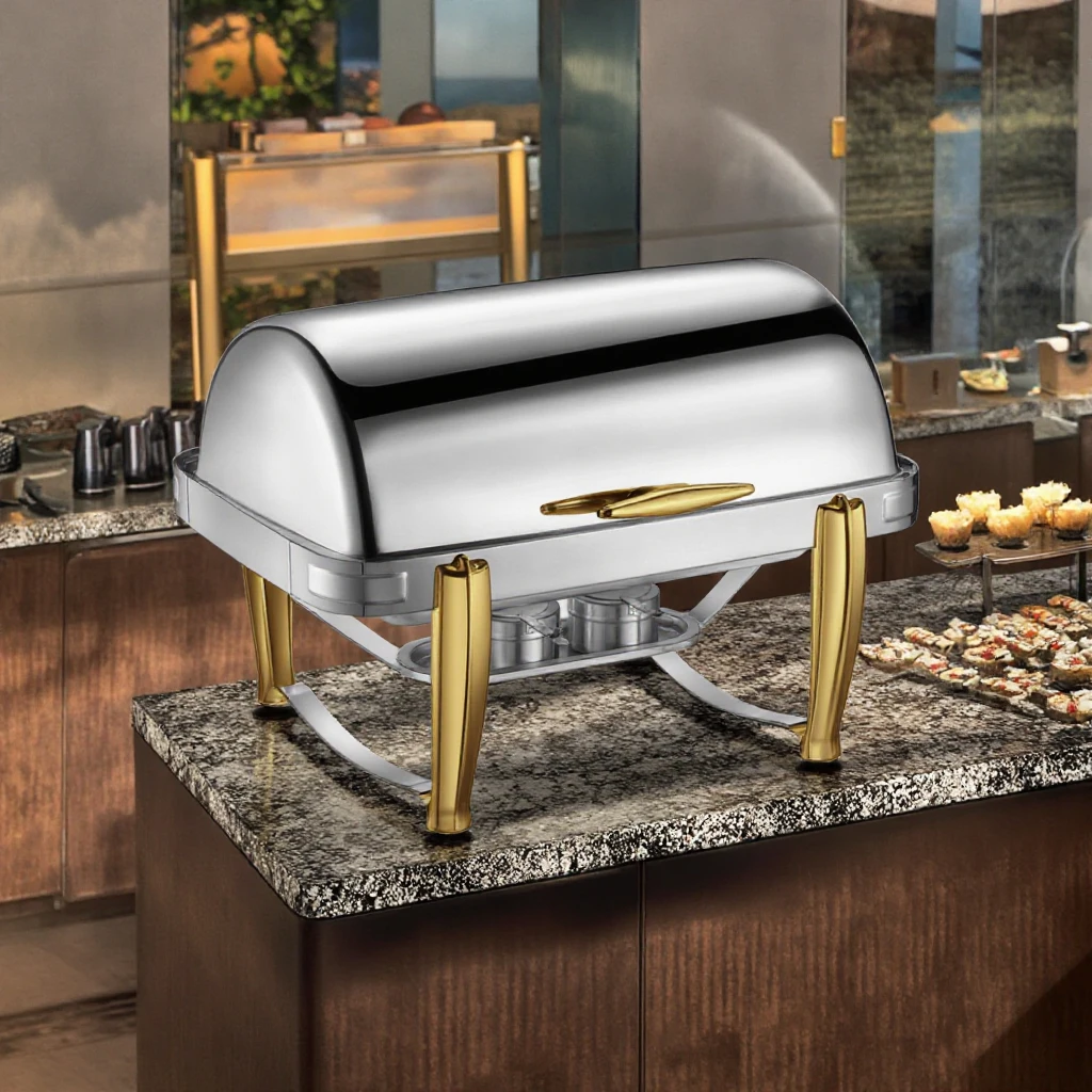 Horno de buffet con pie de cordero, acero inoxidable, chapado en oro, diseño único