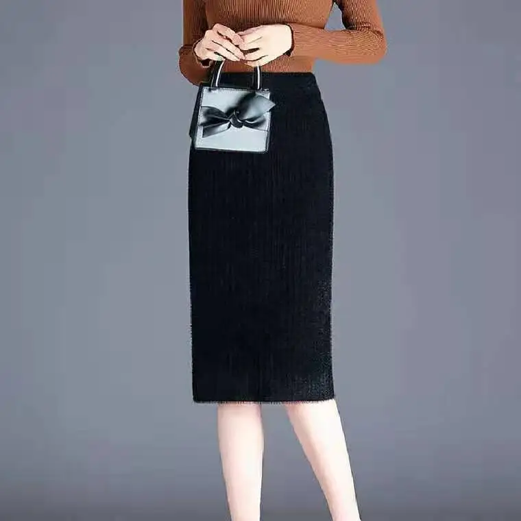 

Women Autumn Winter Imitation Mink Velvet Pencil Sweater Skirts Fashion High Waist Midi-length Female Elegant Warm R378